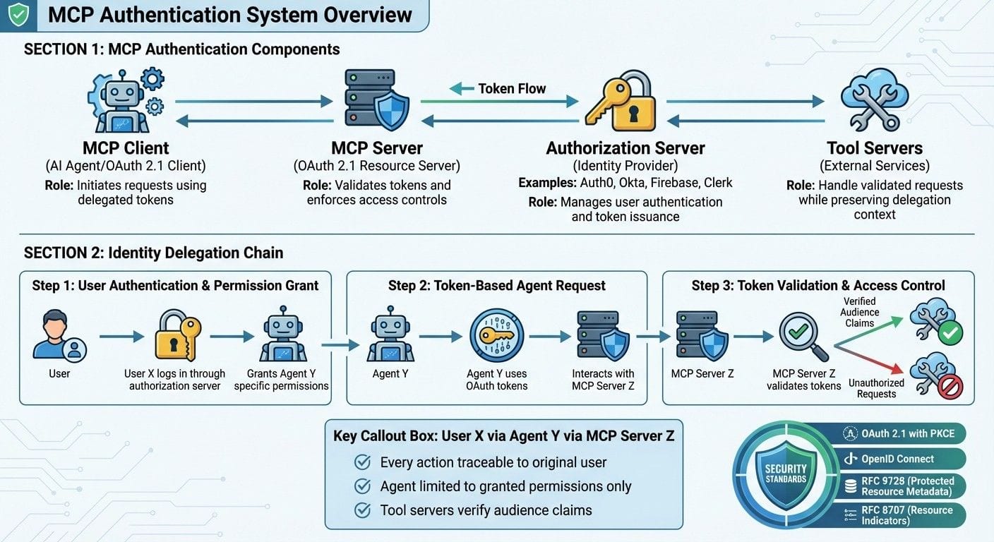 MCP Authentication Flow: 4-Component Architecture and Identity Delegation Process