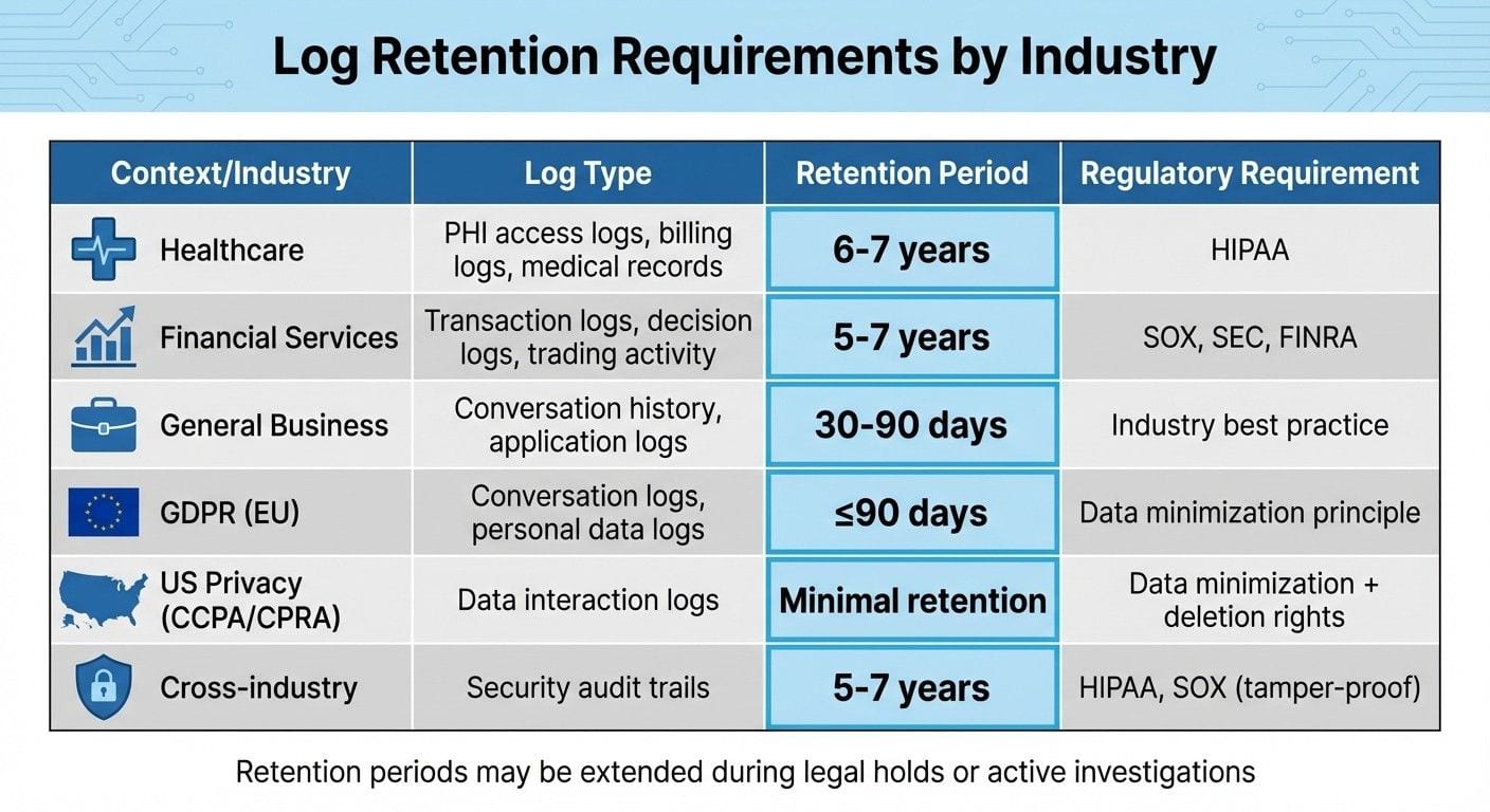 AI Agent Log Retention Requirements by Industry and Regulation